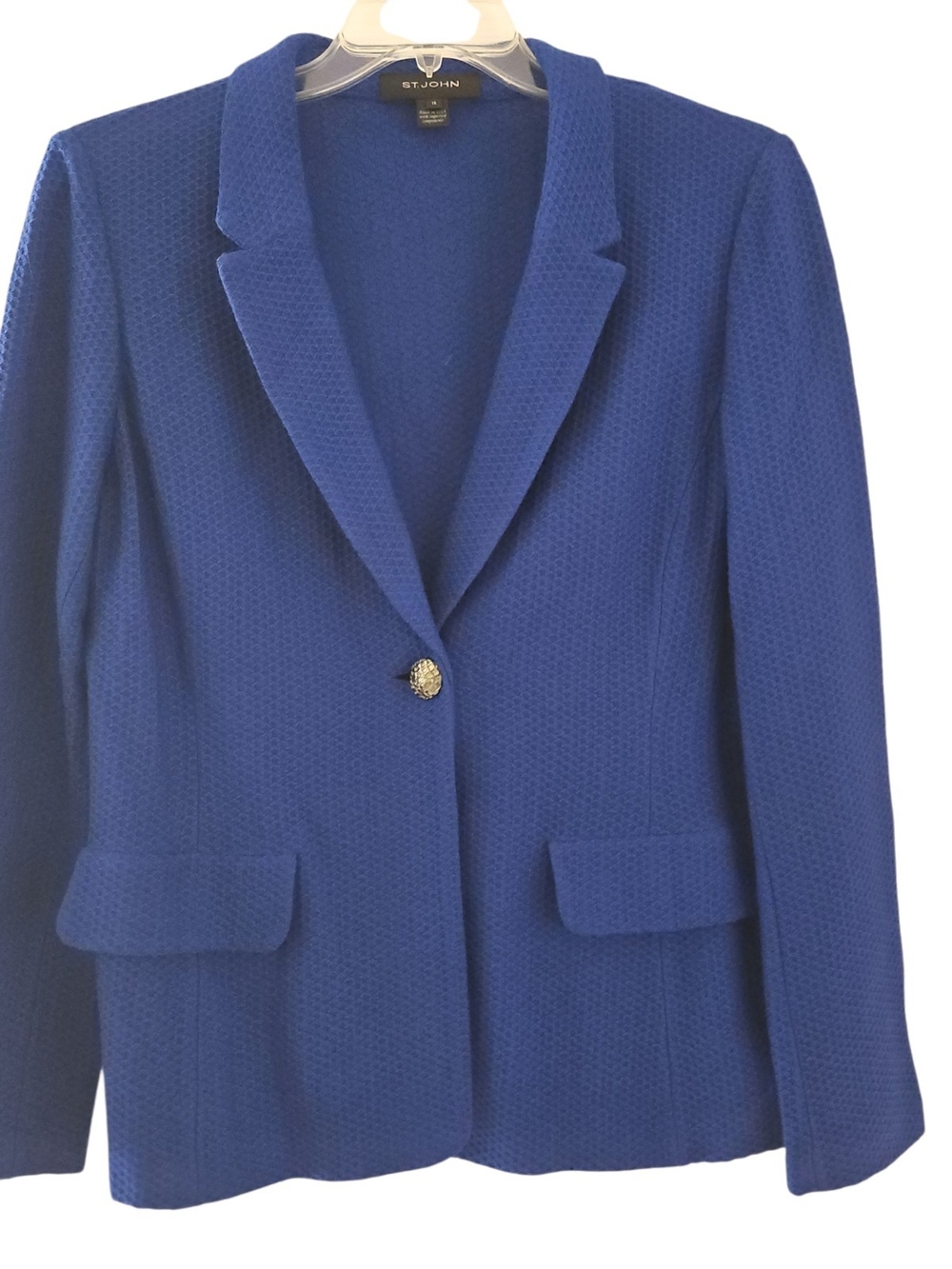 St. John Pique Knit Jacket Cobalt Blue Size 14 Wool Blend Textured Logo Button